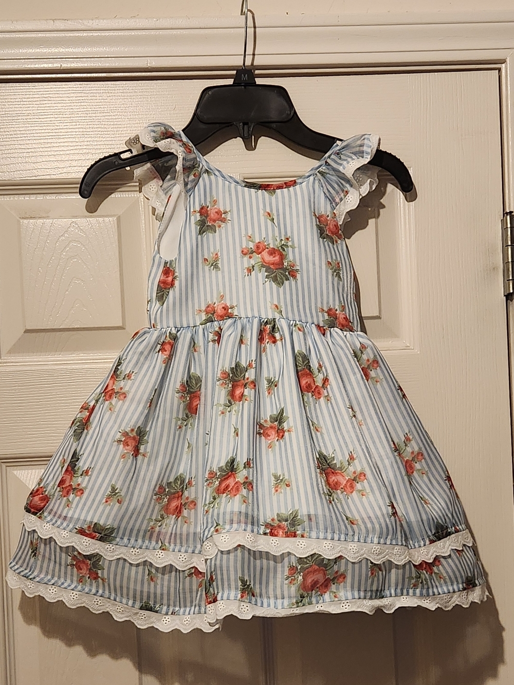 Pippa & Julie Blue Striped Dress with Pink Rose Print